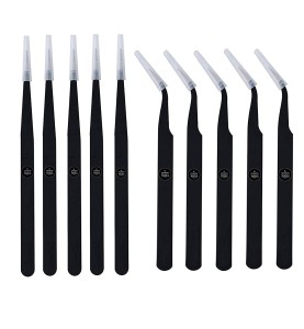 Johnson Tools Non Magnetic Stainless Steel Straight and Curved Tips Tweezers for Mobile, Gadget, Laptop and Jewelry Repair (Black) - Set of 10 Pieces